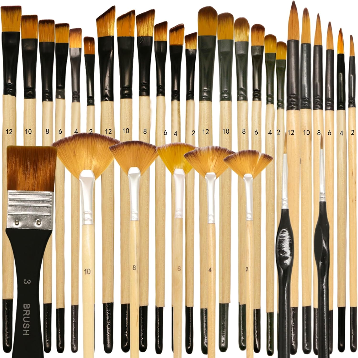 32 Pcs Paint Brushes Set for Acrylic Painting,Watercolor,Oil，Inks，Gouache，Crafts, Brush Tip with Flat，Round, Angle，Filbert,Flat, Fan, Detail Brushes，Paint Brush Set for Artists and Beginners