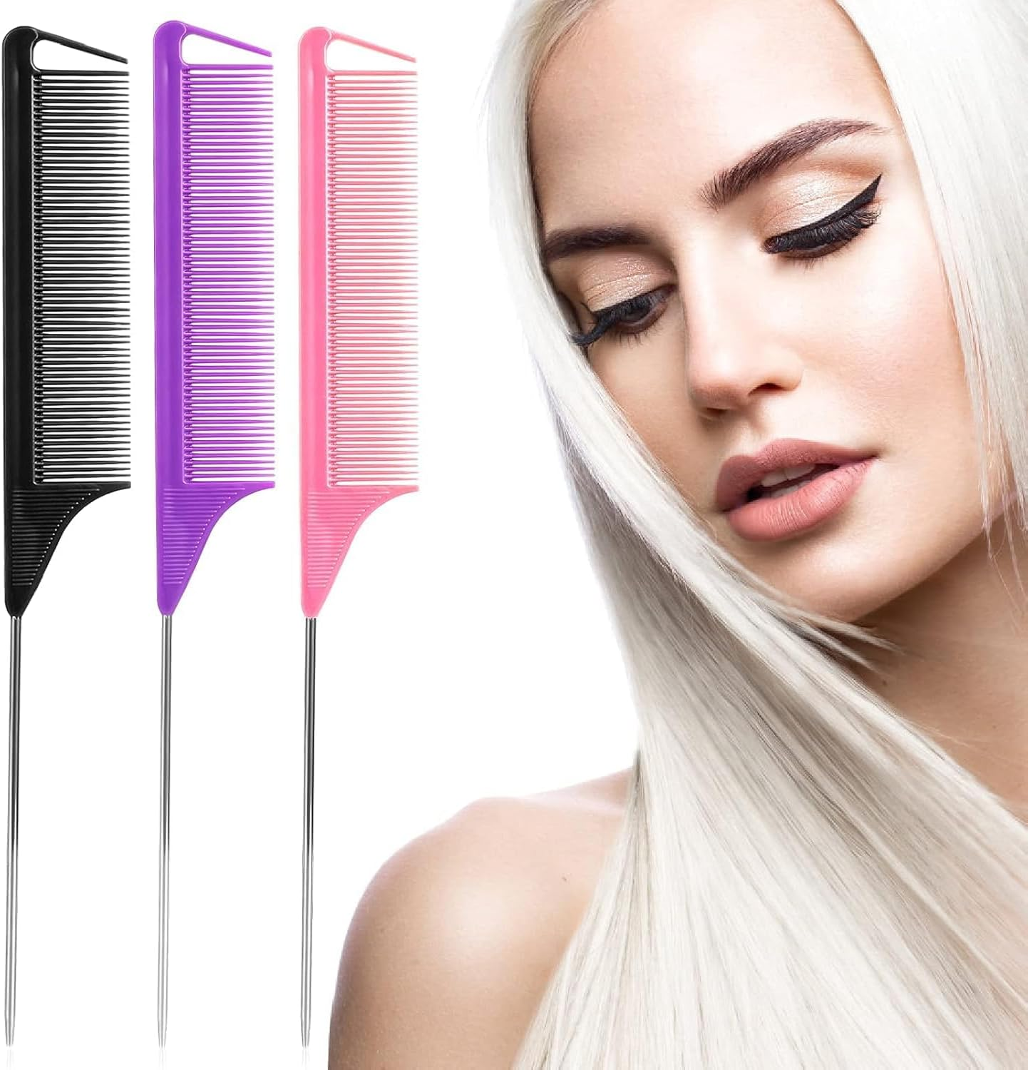 3 Pack Rat Tail Comb, Long Steel Pin Teasing Combs with Stainless Steel Pintail for Salon Hair Stylists, Metal Parting Combs for Women, Purple/Black/Pink image number 3