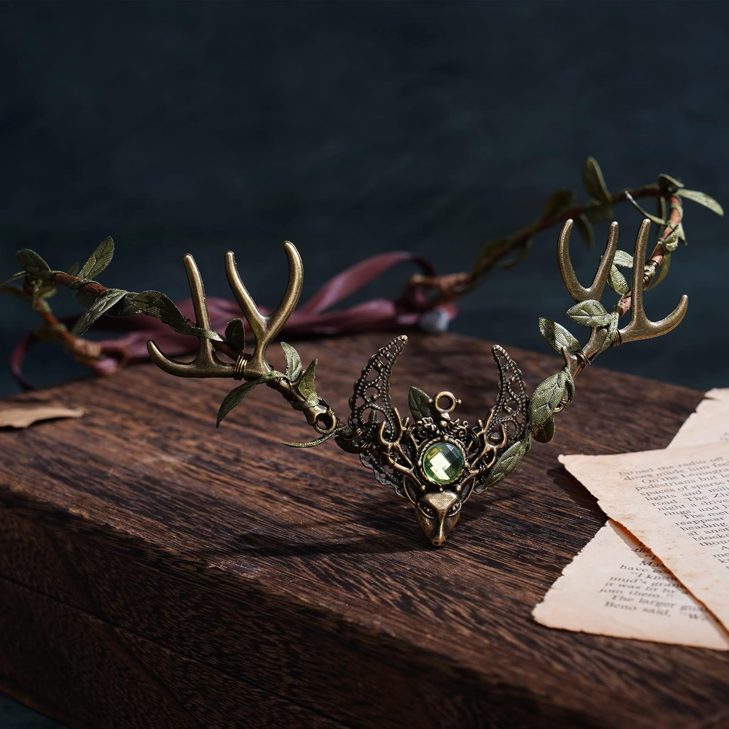 MOSTORY Handmade Deer Antler Crown Headband Forest Elf Headpiece Woodland Green Leaf Tiara Circlet for Wedding Bridal Themed Party Carnival Cosplay Festival Costume Accessory Green image number 1