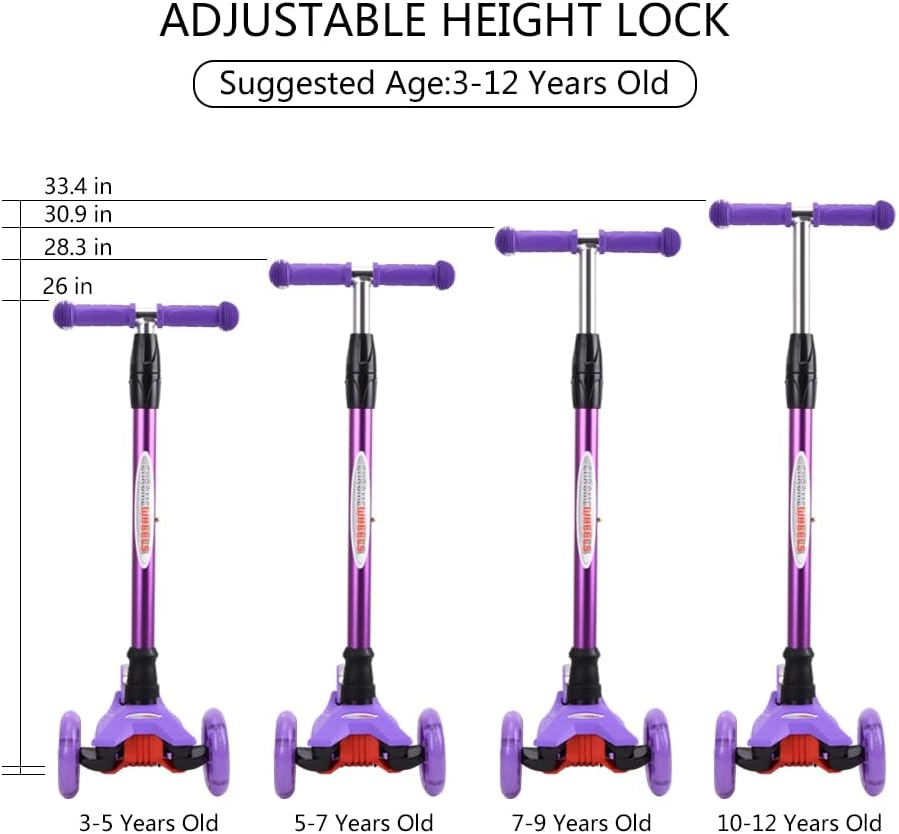 Chromewheels Scooters for Kids, Deluxe 3 Wheels Kick Scooter 4 Adjustable Height 132Lbs Weight Limit, Lean to Steer LED Light up Wheel, Best Gifts for Girls Boys Ages 3-12 Years Old