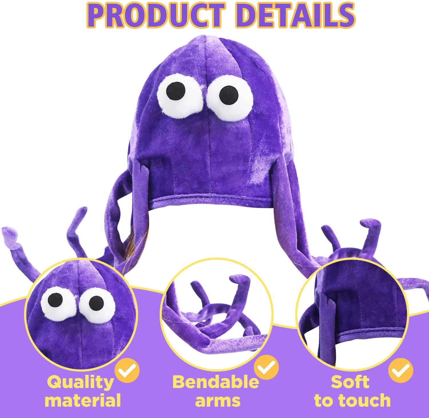 Whimsical Purple Octopus Hat with Bendable Arms - Playful Costume Accessory Cap for Halloween, Cosplay & Festive Parties - Comfortable Fit with Easy-To-Wear Design. image number 5