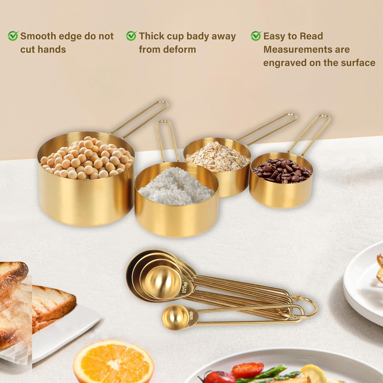 Gold Stainless Steel Measuring Cups and Spoons Set of 9, Premium Gold Kitchen Gadgets,4 Measure Cups and 5 Magnetic Measuring Spoons Set,2 Leveler for Liquid and Dry Ingredients Baking Cooking image number 3