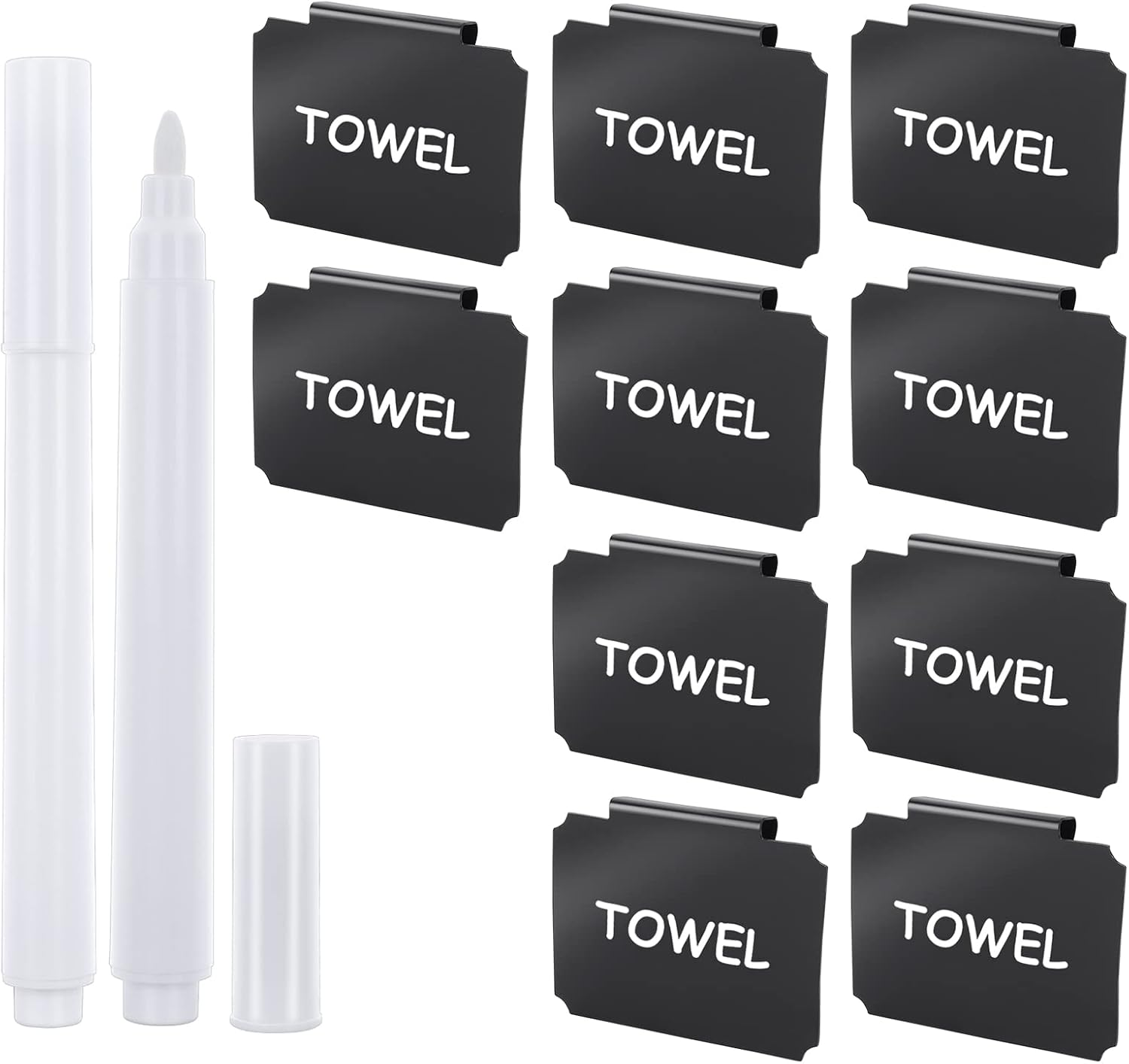 12 Pieces Basket Labels Clip on Set, Include 10 Pcs Kitchen Clip Label Holder Removable Pantry Basket Labels with 2 Pieces White Chalk Marker for Storage Bins Organization Box (Black) image number 1