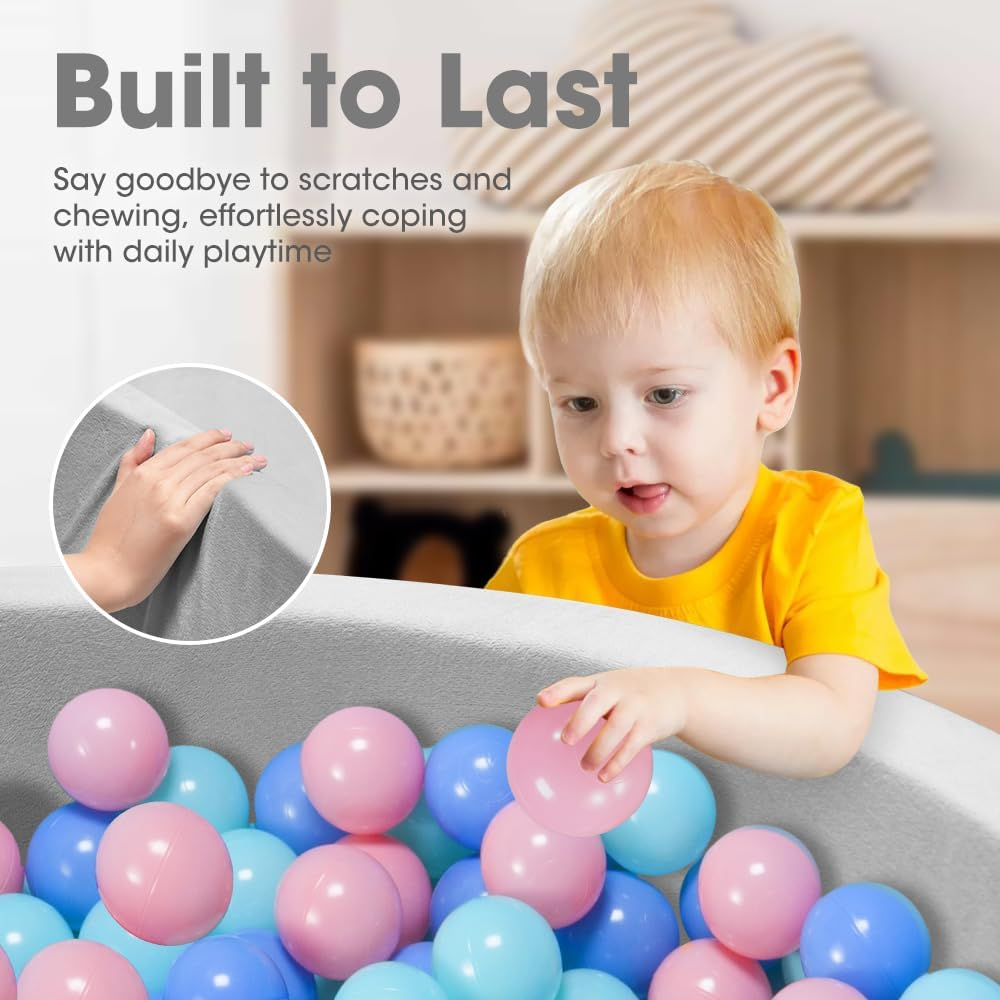 Playpals Foam Ball Pit for Kids and Toddlers, 90 X 30CM Soft round Ball Pool Playpen Fence with 200 Ocean Balls, Baby Ball Pit for Indoor and Outdoor Game - Grey