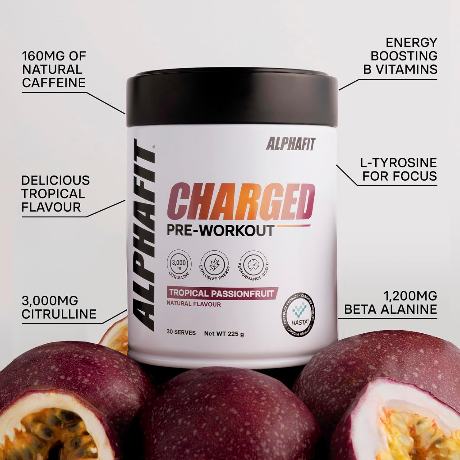 ALPHAFIT Charged Pre-Workout Powder, Tropical Passionfruit, Natural Caffeine + Beta-Alanine, HASTA Certified, 225G (30 Serves) image number 2