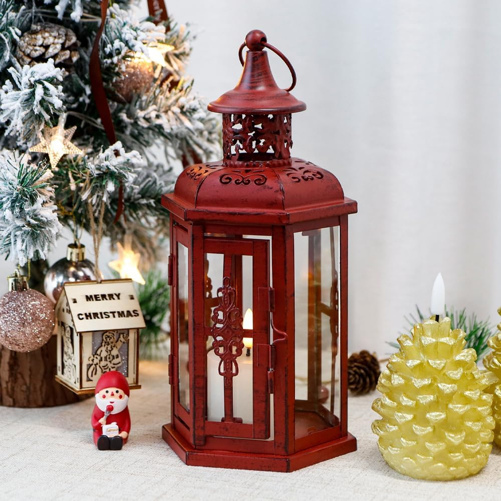 JHY DESIGN Decorative Candle Lantern 10&ldquo;H Vintage Hanging Lantern Metal Candleholder for Indoor Outdoor Events Parities and Weddings (Red with Black Brush)