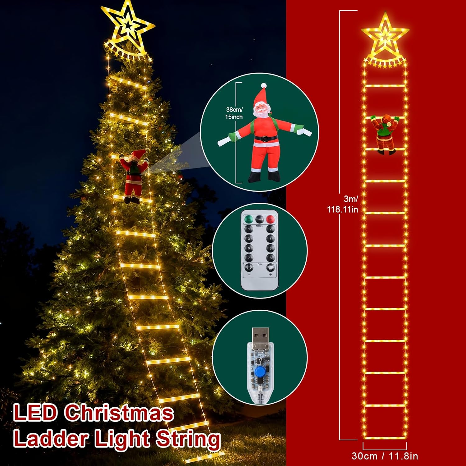 Qoosea LED Santa Claus Ladder Fairy Lights, 2.7 M LED Christmas Lighting Outdoor with Timer, Memory Function, 8 Modes, for Indoor Outdoor Christmas Tree Window Christmas Decoration image number 3