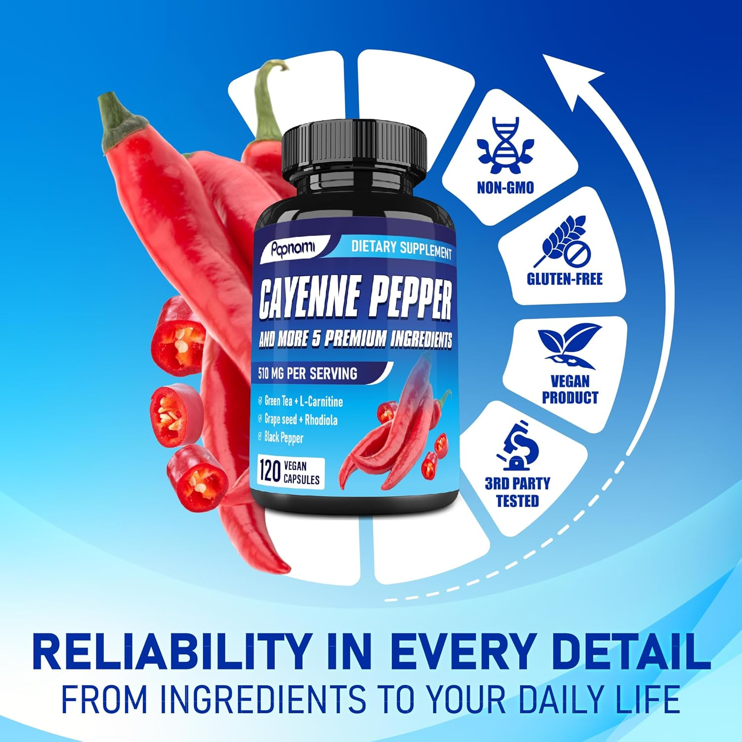 6In1 Cayenne Pepper Capsules - Blended with Green Tea, L-Carnitine, Grape Seed, Rhodiola & Black Pepper | 120 Count image number 3