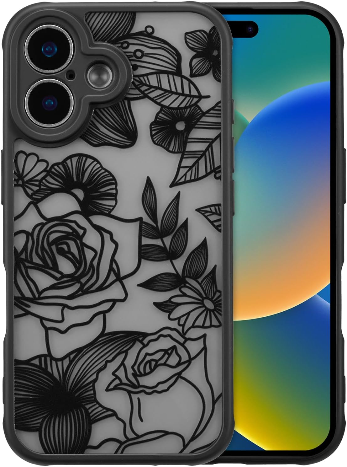 XIZYO for Iphone 16 Pro Case, Floral Rose Cute Phone Case for Women Girls Aesthetic Pattern Print Slim TPU Bumper Shockproof Protective Cover for Iphone 16 Pro 6.3 Inch, Black