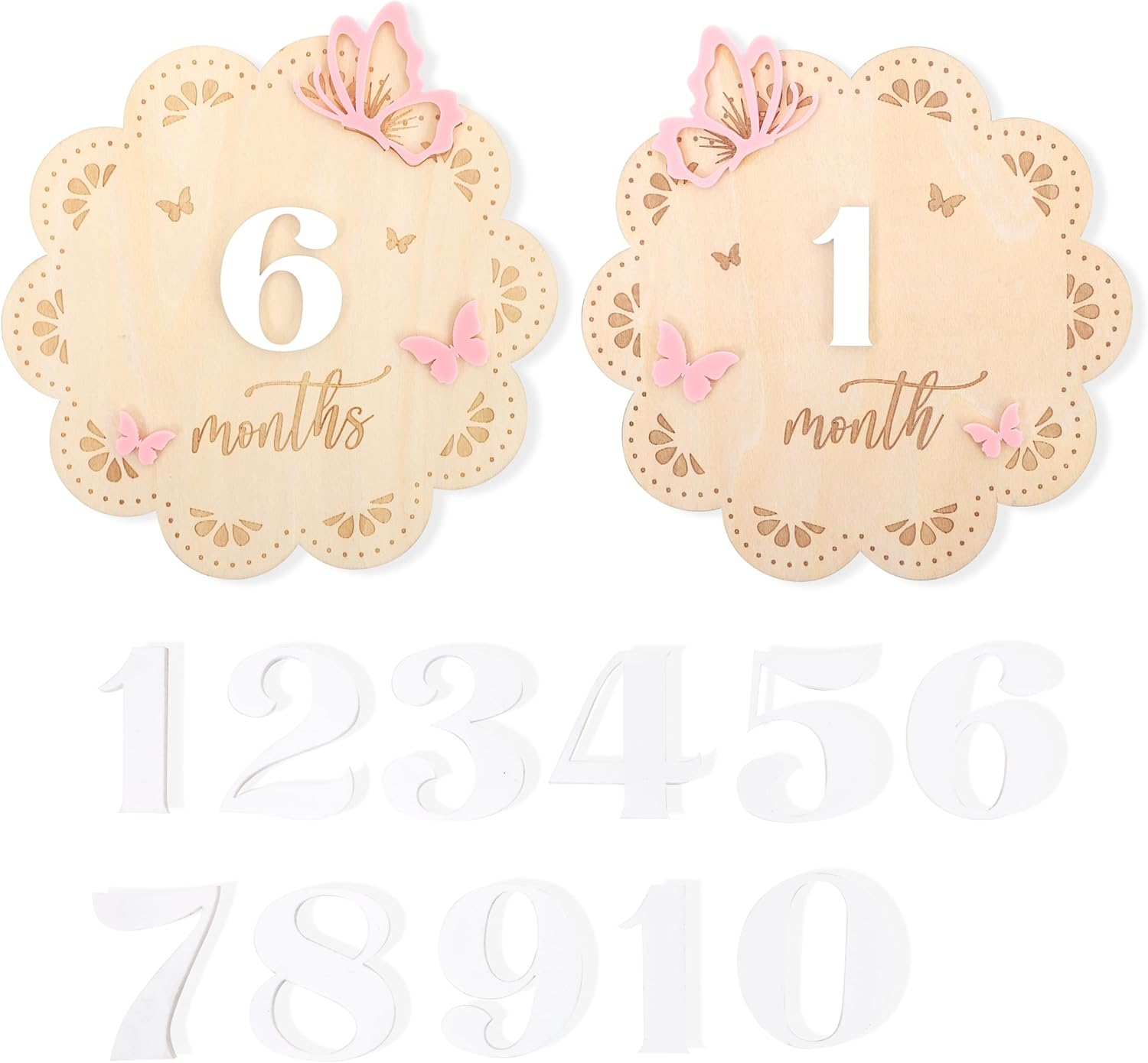 Butterfly Wooden Monthly Milestone Cards - 1-12 Months Interchangeable Baby Months Signs, Double-Sided Printing, round Butterfly Milestone, Newborn Memento Milestone, Baby Shower Photo Props