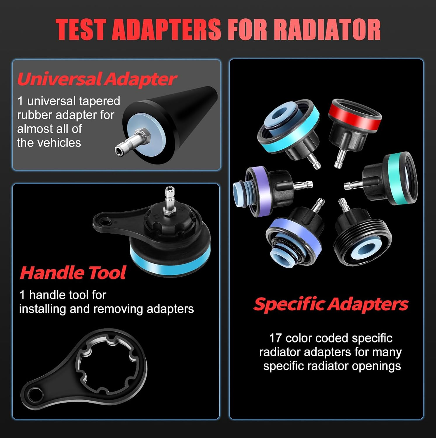 JIFETOR Radiator Coolant Pressure Tester Vacuum Refill Tool Kit, 28PCS Automotive Cooling System Leak Test and Pneumatic Purge Fill Set with Testing Adapter Caps Universal for Airlift Car Auto Truck - Black Case image number 4