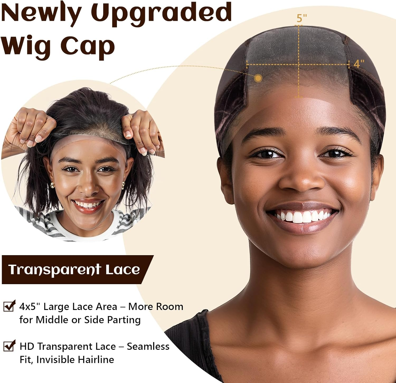 OFBIC Lace Wig Cap for Women Non Slip, Glueless Wig Grip Cap with 4X5 Transparent Swiss Lace Front, Adjustable Wig Cap with Velvet Grip Band (Brown) image number 2