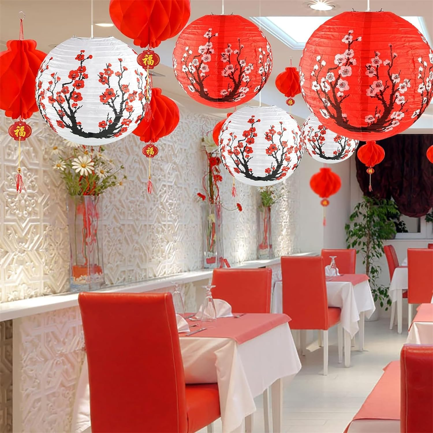 10PCS Chinese Japanese Cherry Blossom Paper Lanterns, 12 Inch 5PCS White Sakura Paper Lantern 5PCS Red Sakura Paper Lantern for Restaurant Home Wedding Party Decoration image number 6
