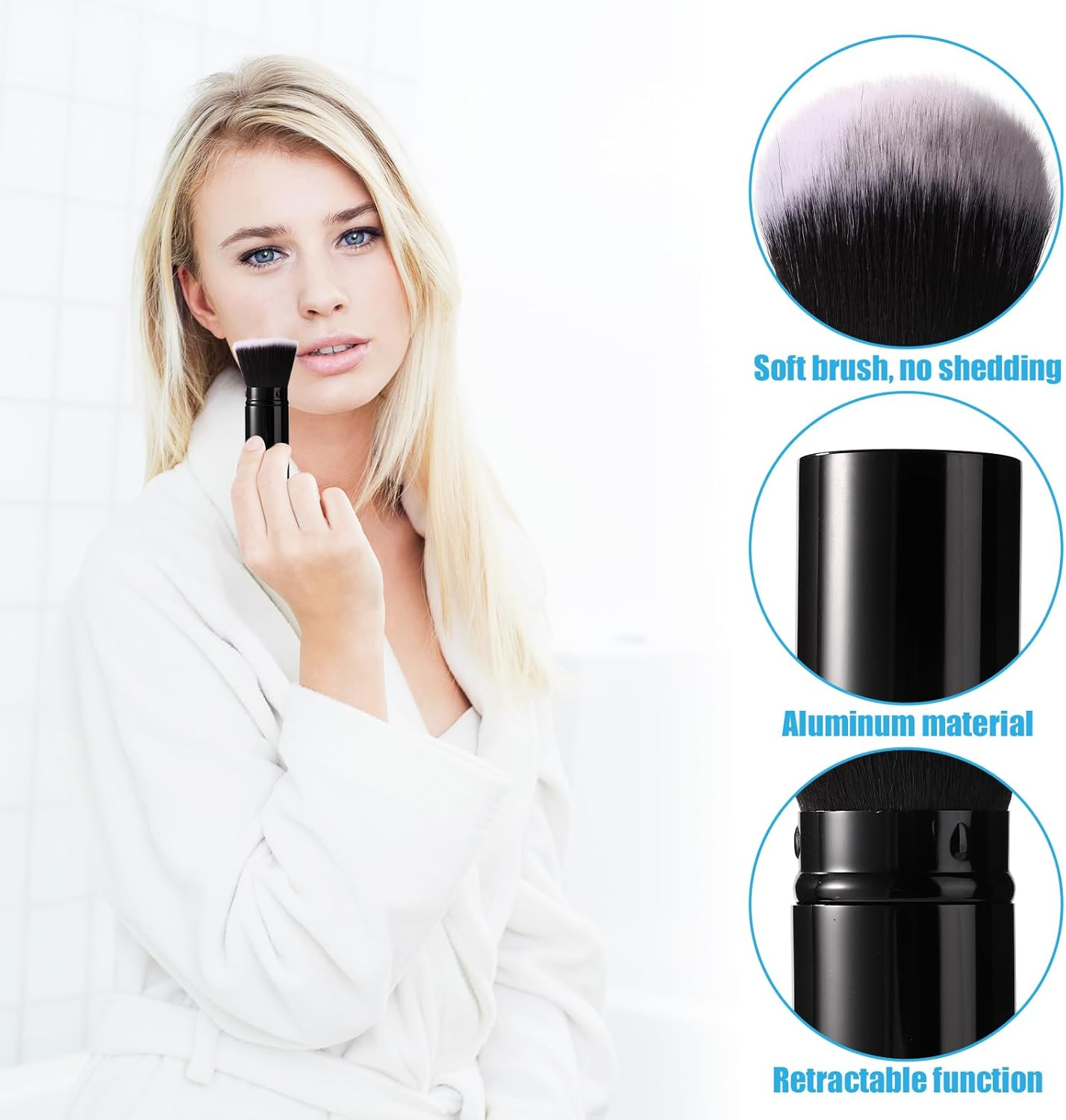 2Pcs Travel Face Blush Brush, Retractable Makeup Brush Portable Powder Foundation Sunscreen Brush Black and White Hair (Flat Head + round Head) image number 4