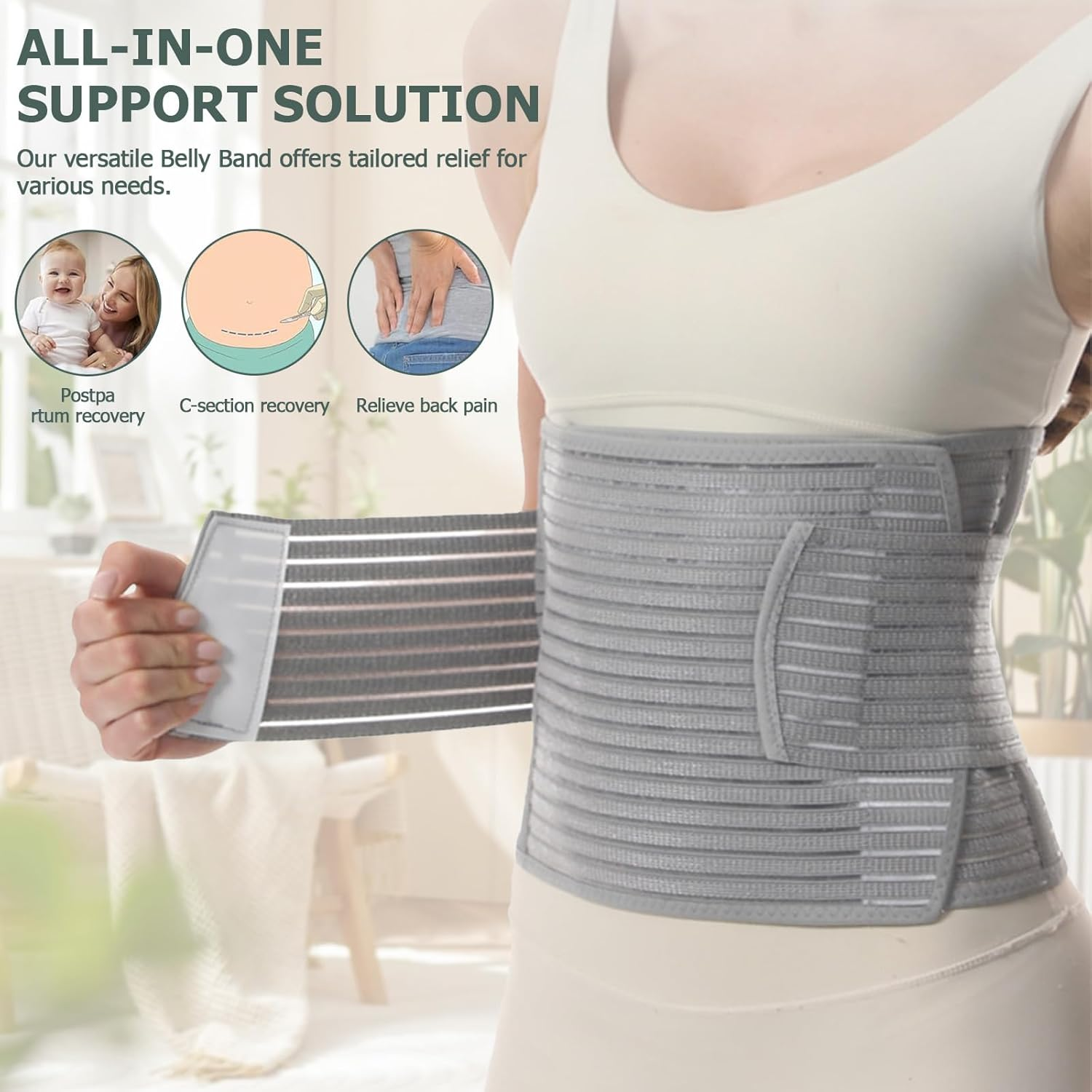 Postpartum Belly Band - Abdominal Binder & Belt for Post Partum Recovery, Adjustable Abdominal Binder and Pelvic Support, Breathable Bamboo Belly Wrap for C Section, Back Pain Relief (Gray, L/XL)
