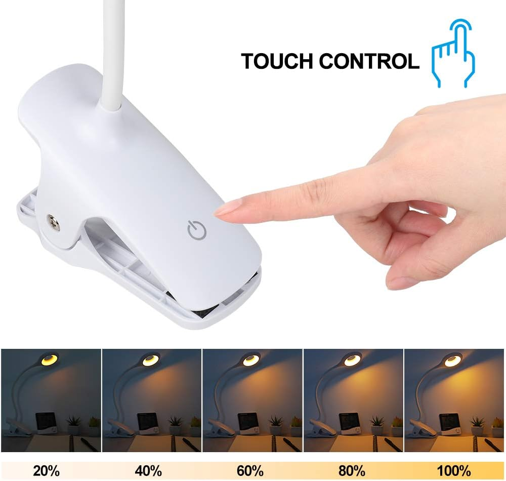 Clip-On Reading Light for Bed - Amber Book Light at Night Rechargeable 5 Brightness Desk Light Clamp Lamp, Touch Control Dimmable Lamp with Flexible Neck, Gentle Night Light (White) image number 4