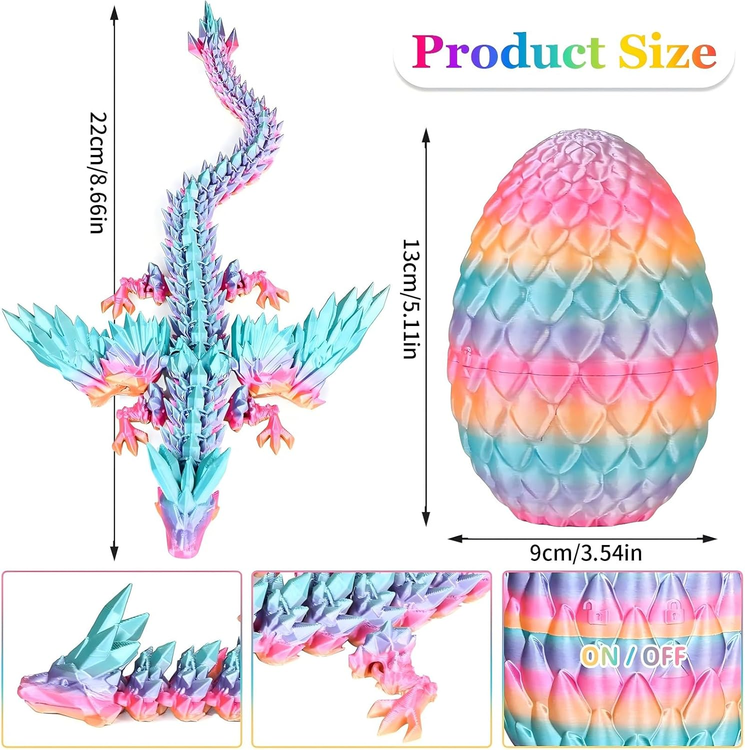 Flying Dragon Eggs, 3D Printed Easter Dragon Egg, Articulated Crystal Dragon Fidget Toy, Toys for Kids, Home Decor, Creative Ornaments, Birthday Gifts, Mystery Mythical Pieces Dragon (Rainbow Candy) - Rainbow Candy - Flying Dragon image number 6