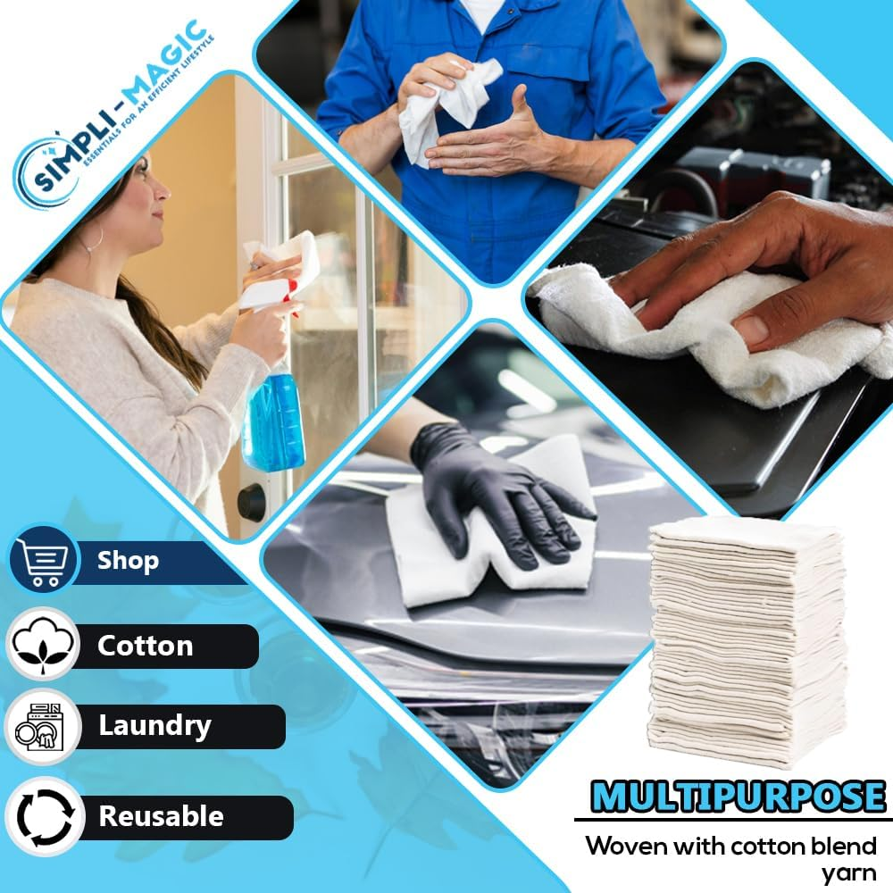 SIMPLI-MAGIC 79142 Shop Towels 14"X12", 150 Count (Pack of 1), Cotton, White