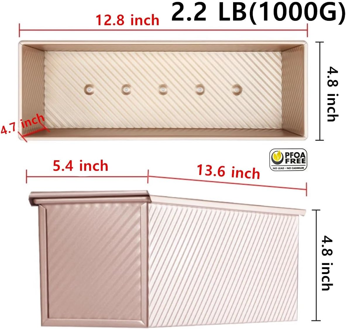 Pullman Loaf Pan with Lid Non-Stick Toast Mold Rectangle Corrugated Bread Cake Mould with Cover for Oven Baking (2.2Lb Dough Capacity) image number 2