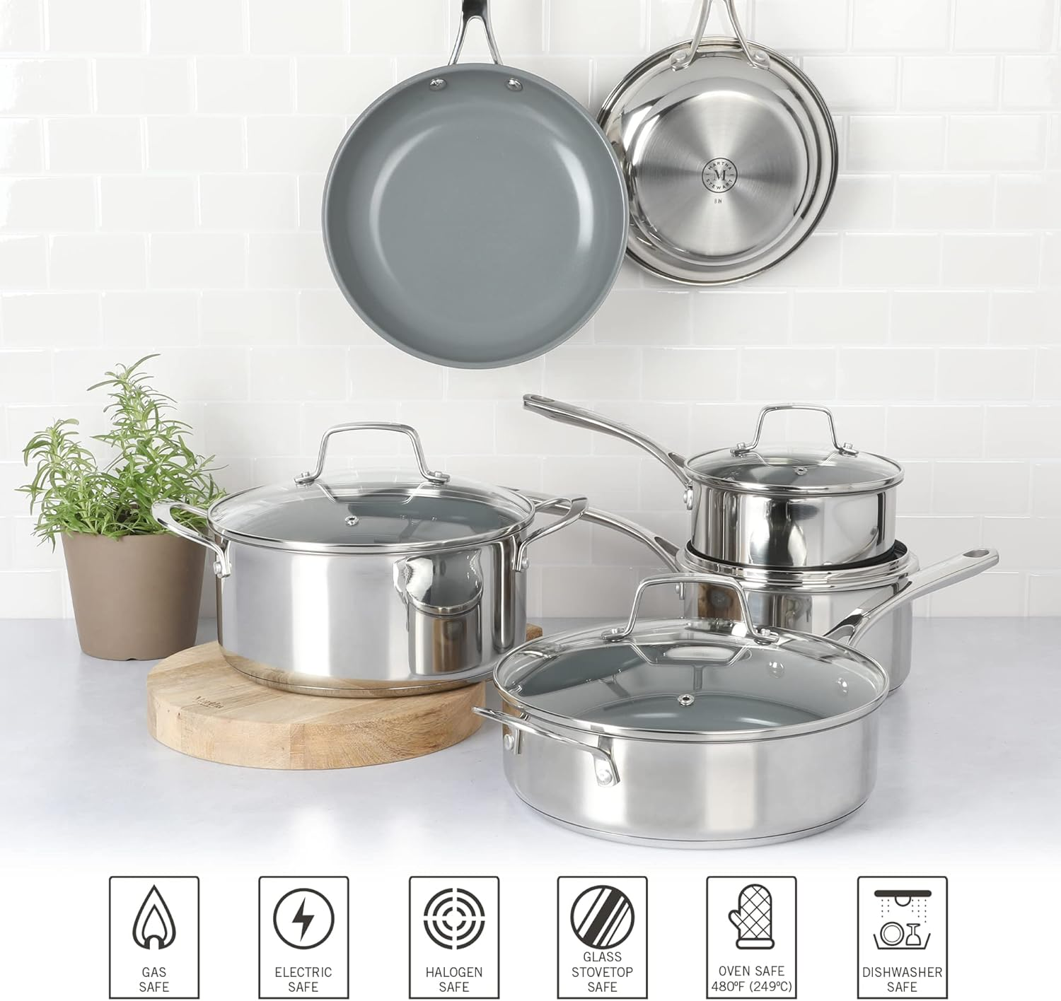 Martha Stewart Delaroux 10 Piece Stainless Steel Cookware Set W/Pfas Free Premium Nonstick Ceramic Interior image number 6