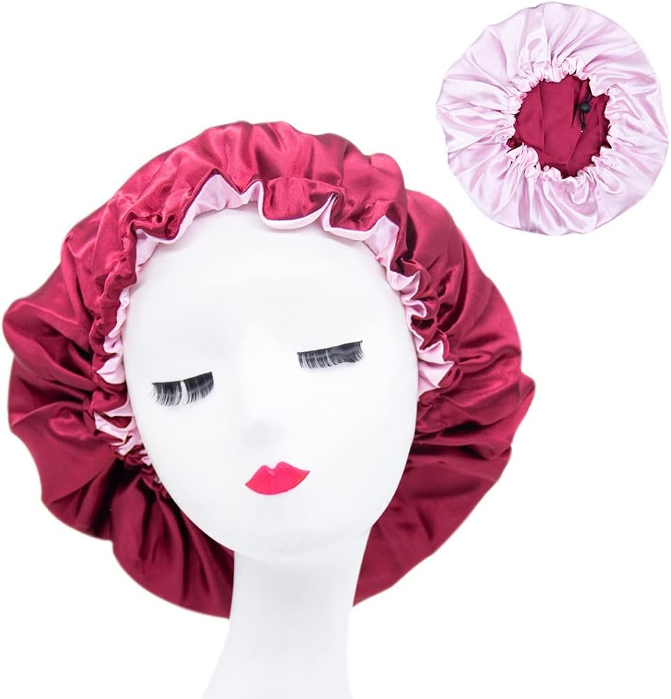 HAR LONDON FASHION 21 Styles Large Satin Sleeping Cap Satin Bonnet Curly Hair Night Sleep Wrap Caps for Women (Wine Red & Pink)