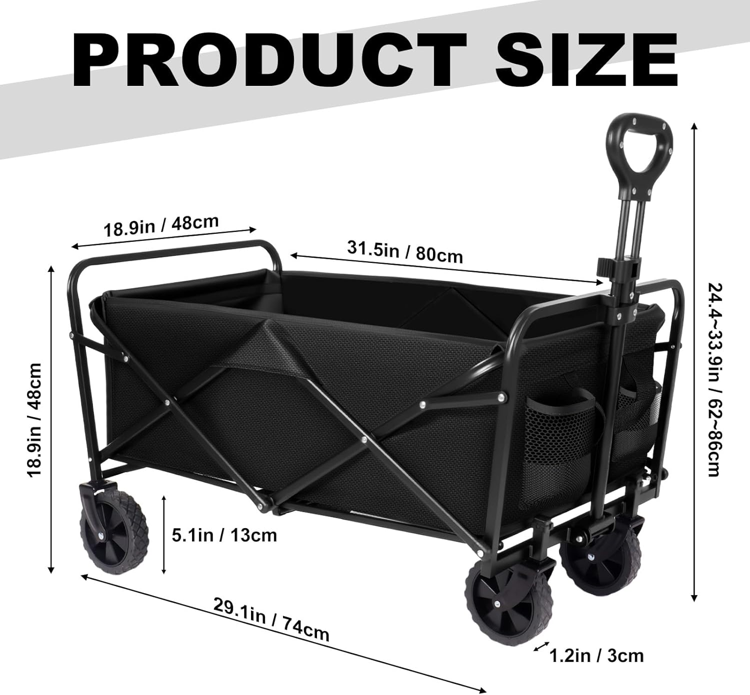 Folding Wagon Cart Heavy Duty, 150Kg(330Lbs) Capacity, Collapsible Utility Cart with Silent Wheels for Camping Beach Grocery Shopping Garden, Adjustable Handle image number 6
