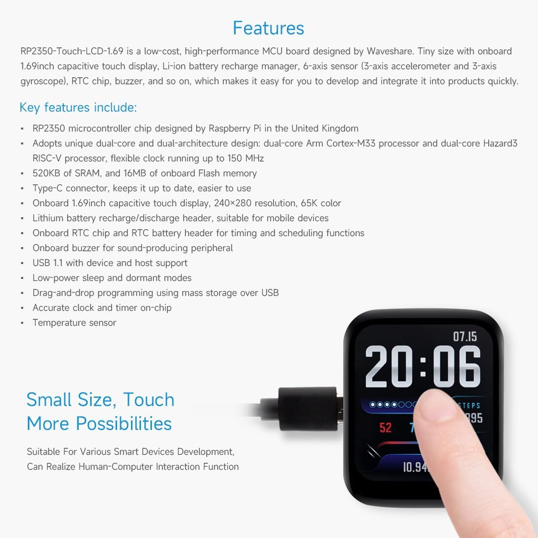 Waveshare RP2350 Microcontroller Development Board, with 1.69Inch Touch LCD, Rounded Corners, Dual-Core & Dual-Architecture Design, 16MB Flash, Accelerometer and Gyroscope Sensor image number 5