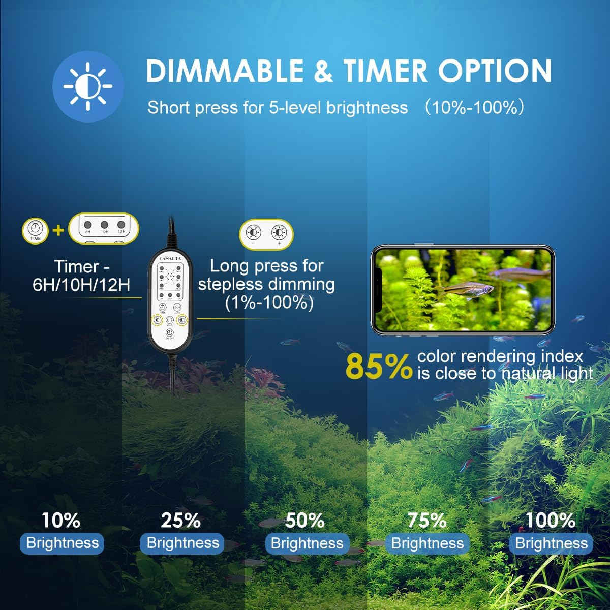 Gamalta Aquarium Light,18W 24/7 Natural Mode,9 Light Modes(Water Grass Mode & 7 Colors & Cycle),Adjustable Timer and 7 Color Brightness - with Expandable Mounting Bracket for 18~24IN Fish Tank image number 5