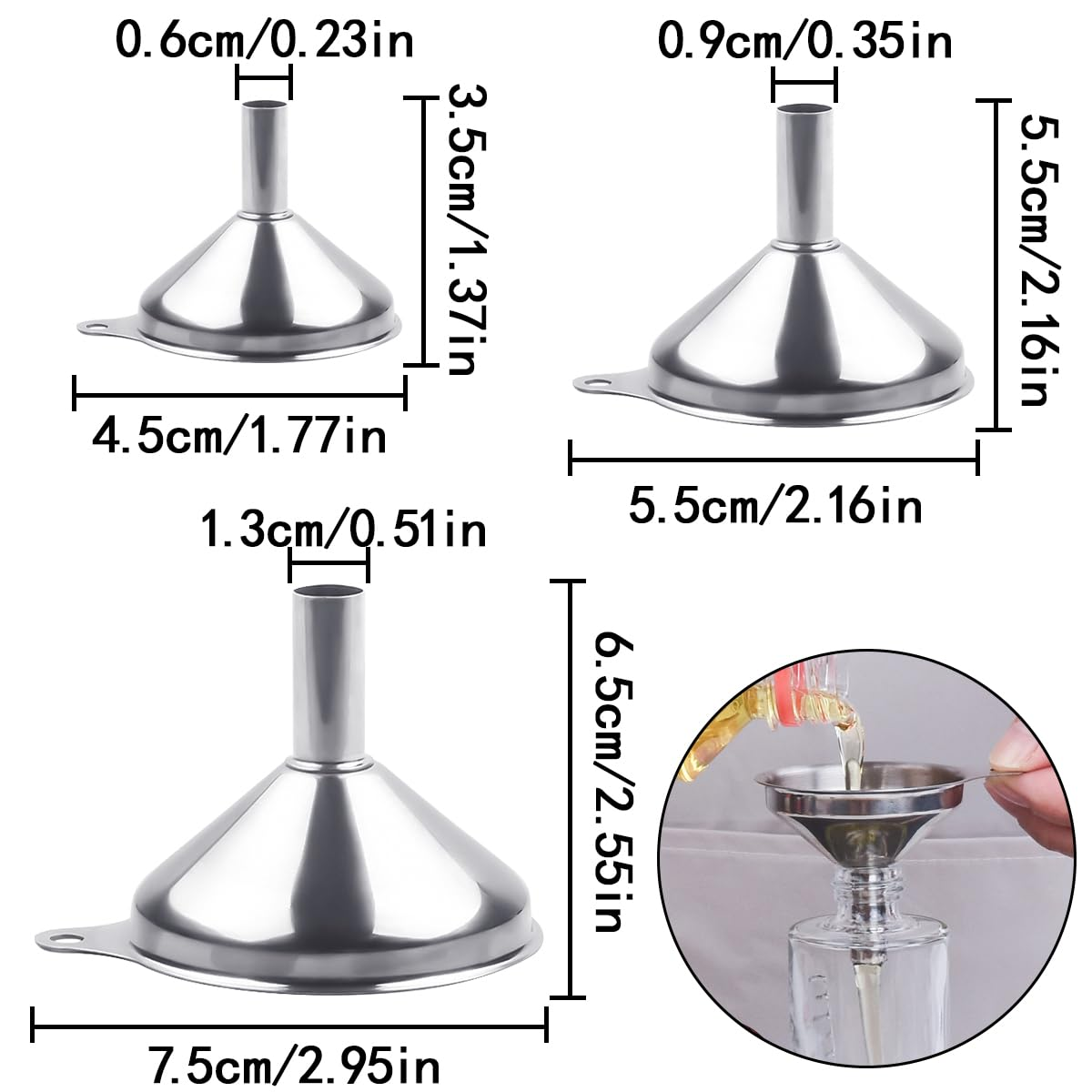 Metal Funnels, 3 PCS Small Stainless Steel Kitchen Funnels for Filling Bottles (3 Sizes) image number 6