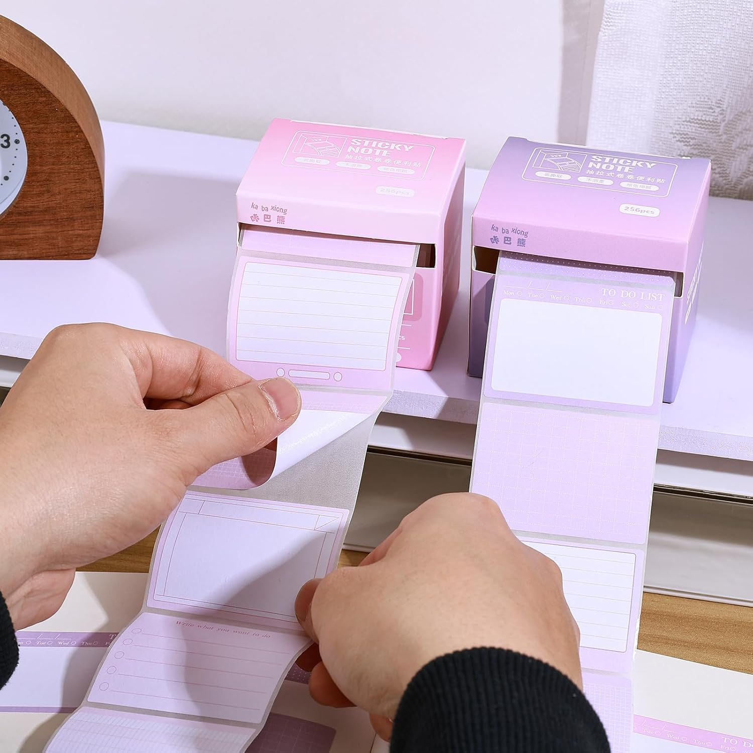 BAYTORY 512 Sheets Sticky Notes Roll Tape, 1.7 X 2.4 Inch Full Adhesive Pop-Out Sticky Notes with Pull Out Dispenser Boxes, Memo Pads Sticker Label for Noting Writing (Pink & Purple) - Pink  Purple image number 6