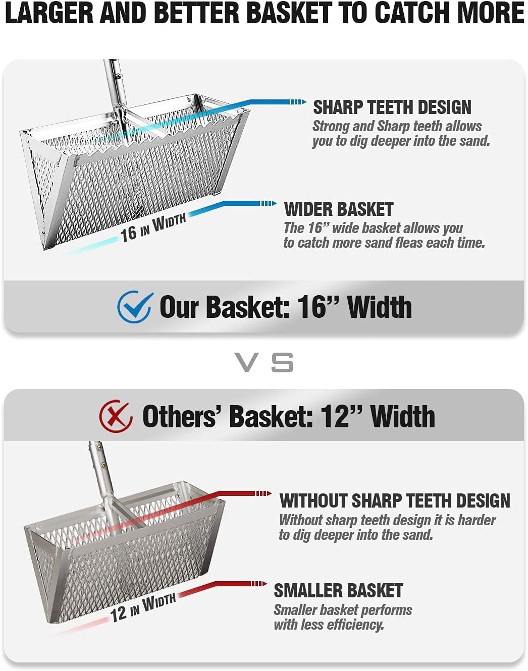 Exact Design Sand Flea Rake, Anodized Aluminum One Piece Strong 58" Long Handle, 16-Inches Wide Basket, Sharp Teeth, Curved Handle Design [Revision Version] image number 5