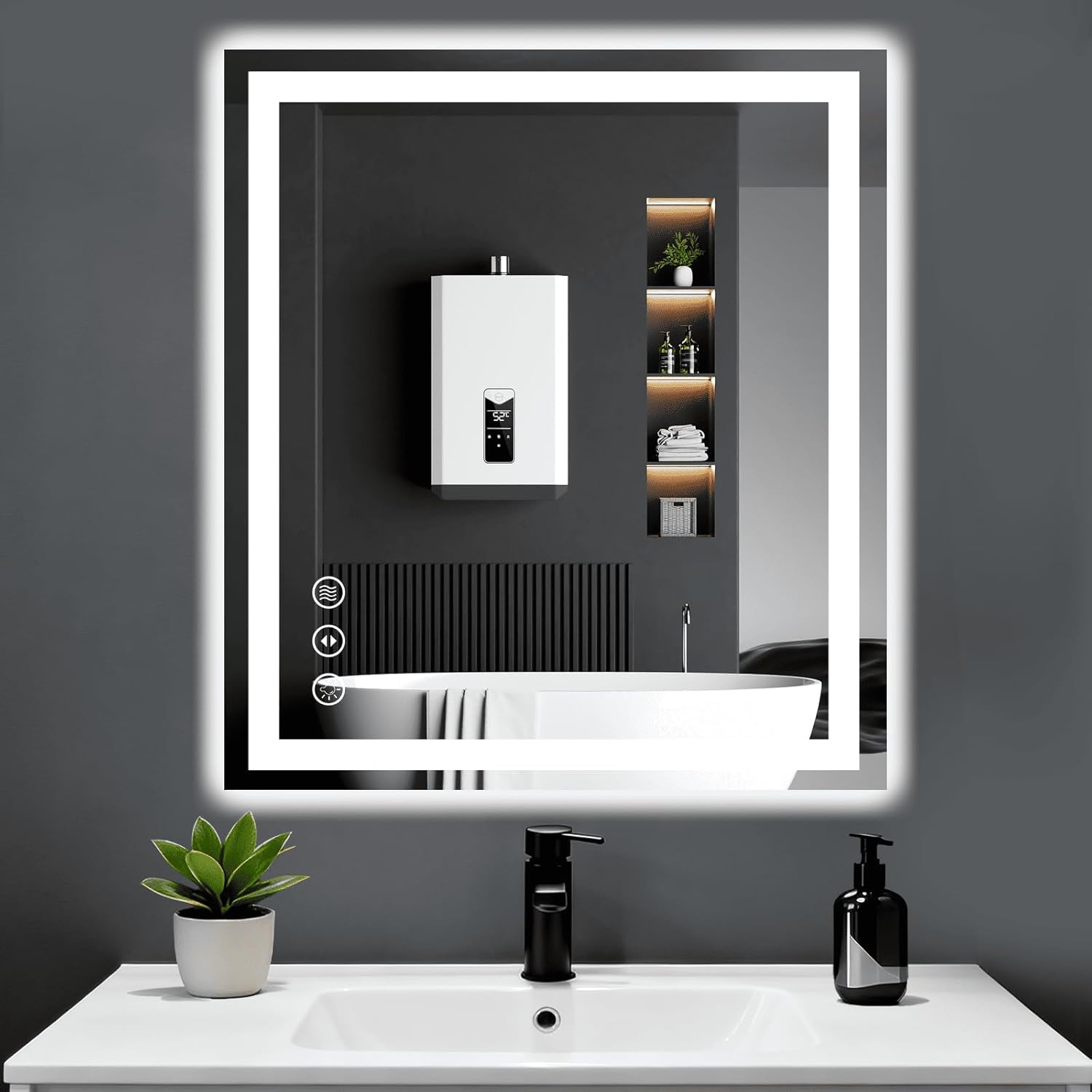 Amorho LED Bathroom Mirror 139X90 CM with Black Frame, Front Light and Backlit, Stepless Dimmable, Anti-Fog, Shatter-Proof, Memory, 3 Color Lighting, LED Wall-Mounted Mirror(Horizontal/Vertical)