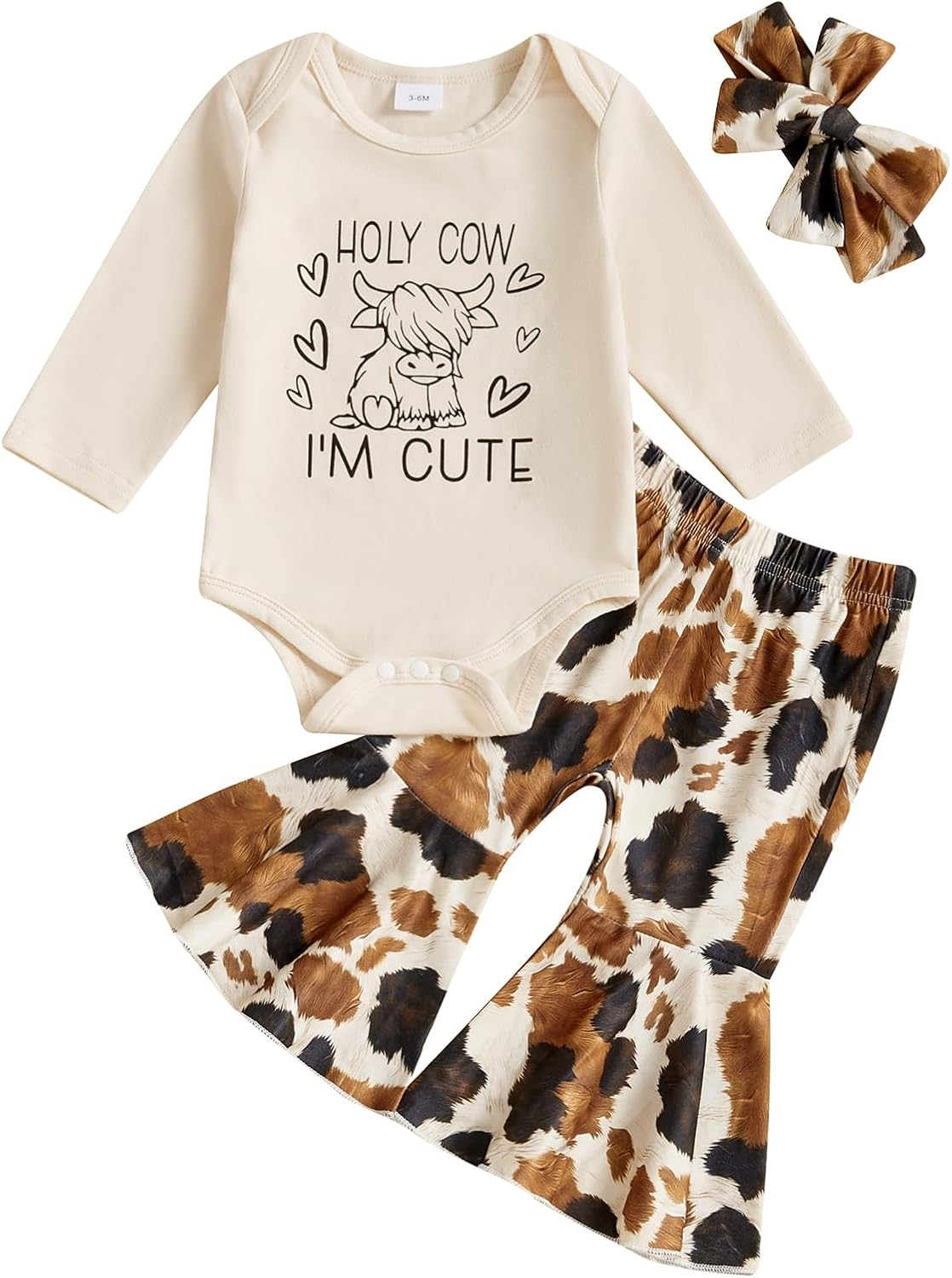 Chloefairy Western Baby Girl Fall Clothes Holy Cow I'M Cute Romper Bell Bottoms Flare Pants Set 3Pcs Infant Cowgirl Outfit