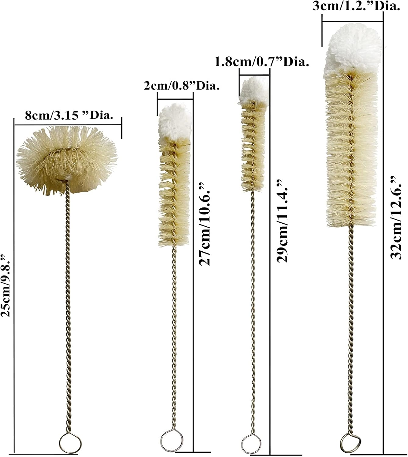 Coralpearl Bottle Brushes Thin Long Handle X 4, Skinny Wire Cleaner Set in Stainless Steel with Natural Boar Bristle at Wool Tip, Bendable Flexible for Cleaning Narrow Neck Bottles, Pipe, Tube, Hose image number 3