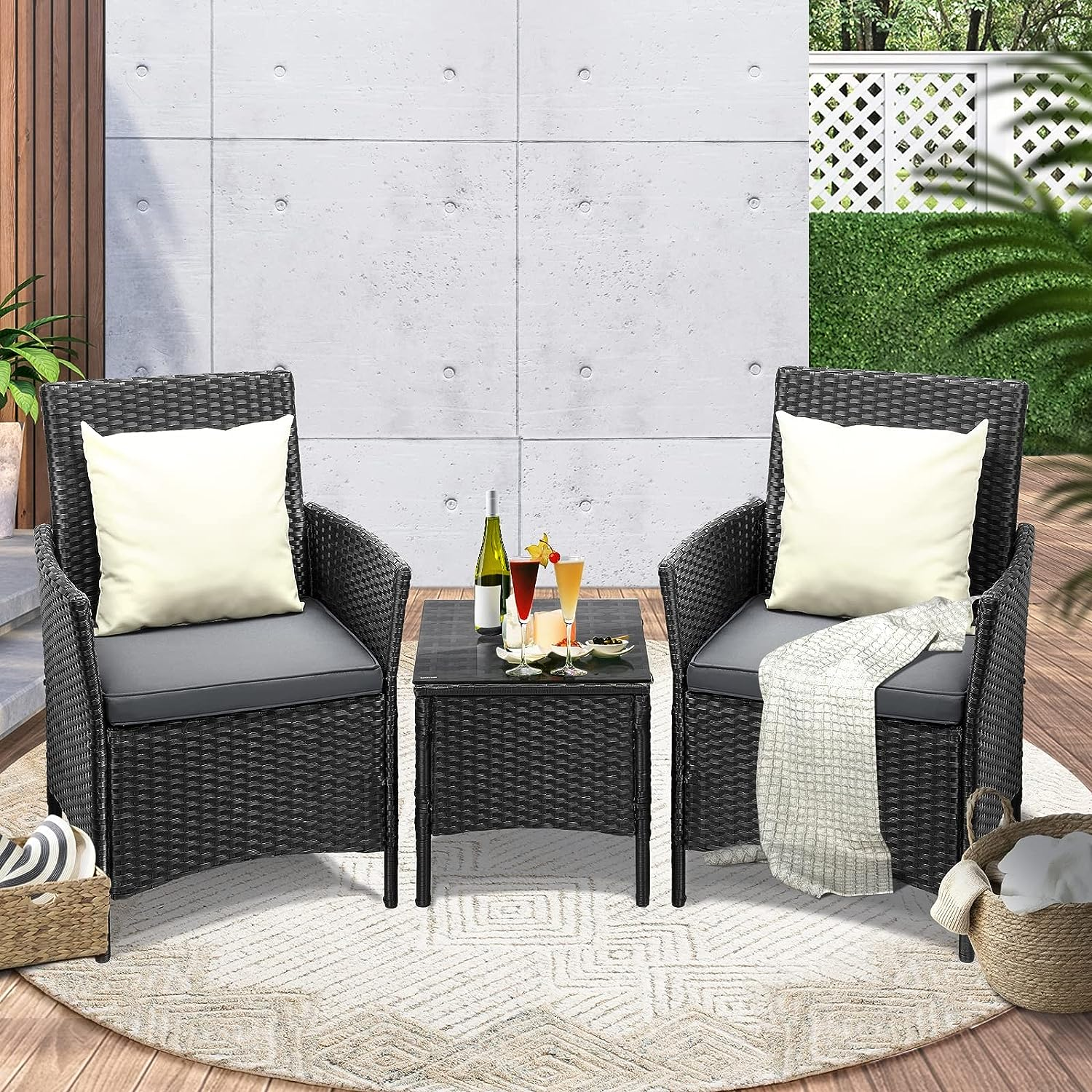 Livsip 3Pcs Outdoor Furniture Table and Chairs with Pillow Grey