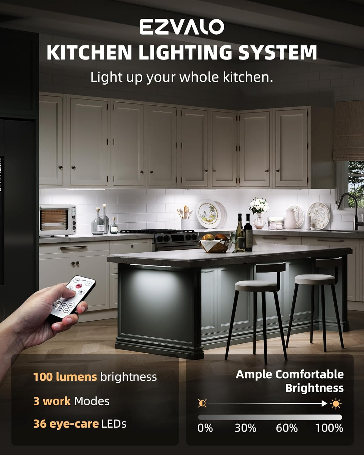 EZVALO under Cabinet Lights, LED Closet Lights Wireless USB Rechargeable, Motion Sensor Lighting Indoor 5700K Dimmable with Remote Control and Magnetic Install for Wardrobe/Stairs/Hallway (23CM) 3 Pcs image number 2