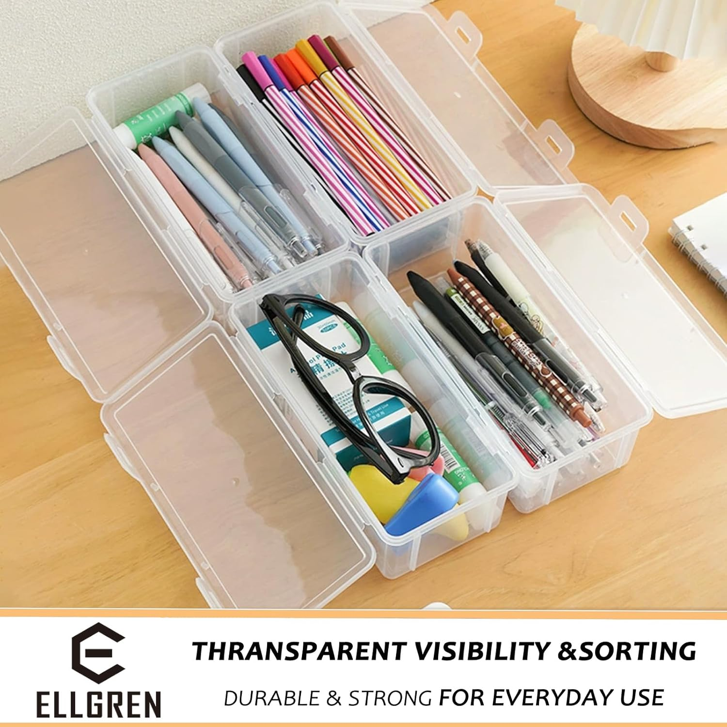 6 Pcs Plastic Large Capacity Pencil Box, Storage Organizer Container with Latching Lid - See-Through for Easy Organisation, for Bead Pens Ribbon Washi Tape Stickers Yarn Decorations image number 4