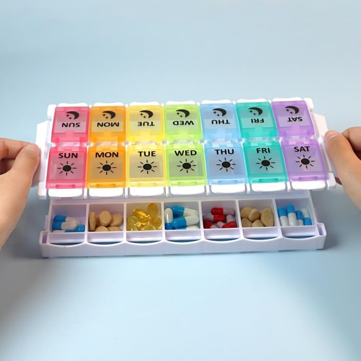 Weekly Pill Organiser, 2 Times a Day Easy to Fill 7 Days Pill Box, Pill Box with Simple Button Design for Pills/Vitamins/Fish Oil/Supplements,Coloured&hellip; image number 2