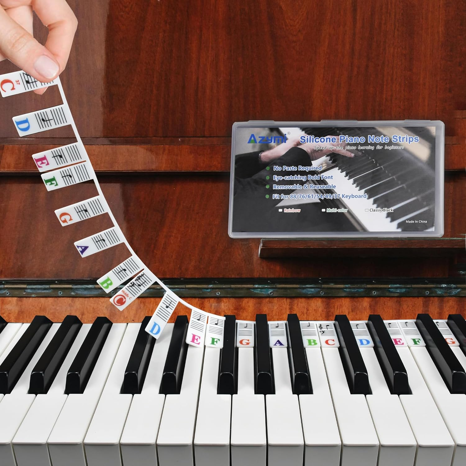 Piano Key Labels, Azymi Removable Keyboard Note Guide for Beginner for 88/76/61/54/49/37 Keys Reusable Silicone Strips Multi-Color Larger Bold Letter for Kids