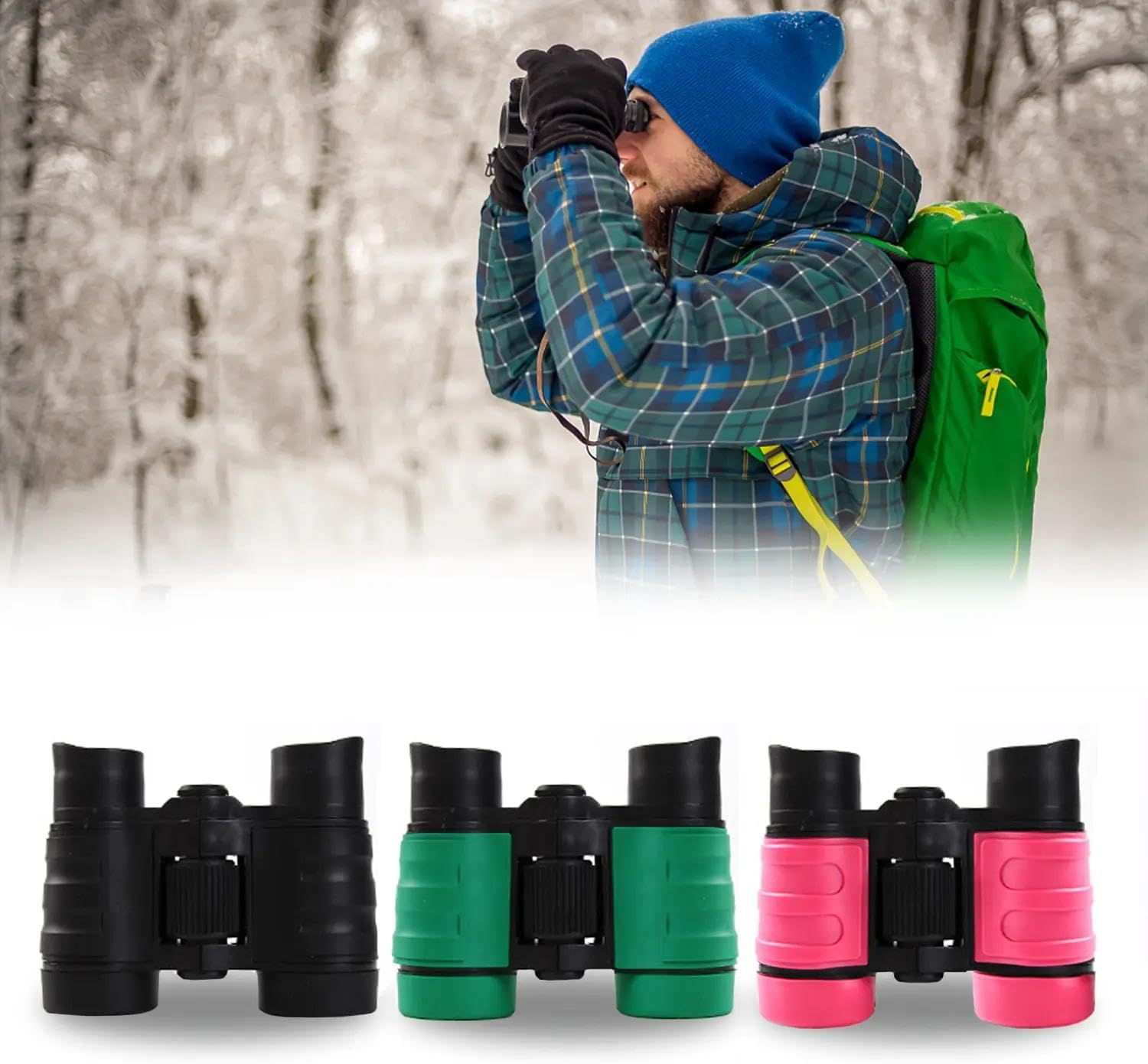 Kids Binoculars for Bird Watching, 4X30 Lightweight Adjustable Binocular for Children, Child Binoculars with Neck Strap, Shockproof Rubber Eyepieces - Boys & Girls (Pink) - Black image number 2