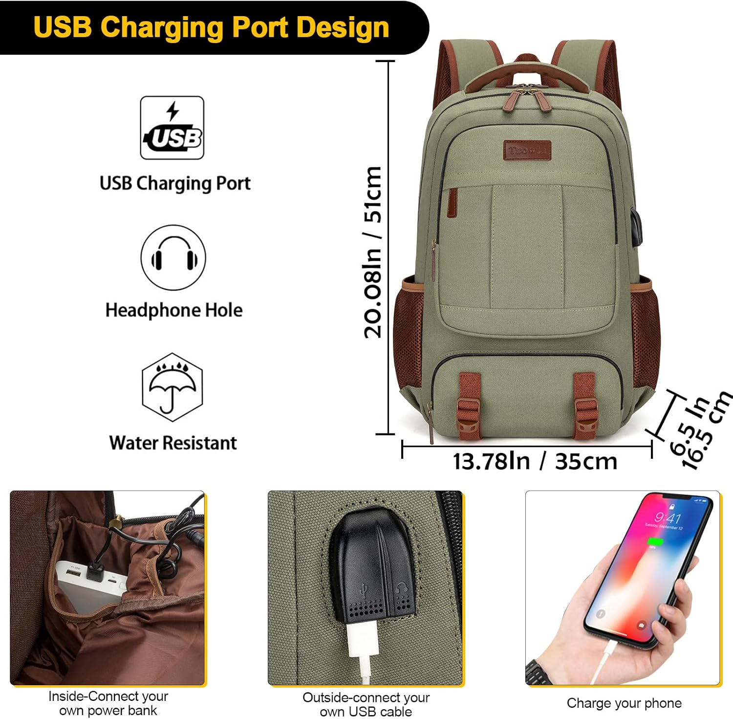 Tzowla Canvas Laptop Backpack,School Backpack for Men Women,Anti-Theft Travel Rucksack Fits 15.6 Inch Laptop, Bookbag with USB Charging Port image number 6