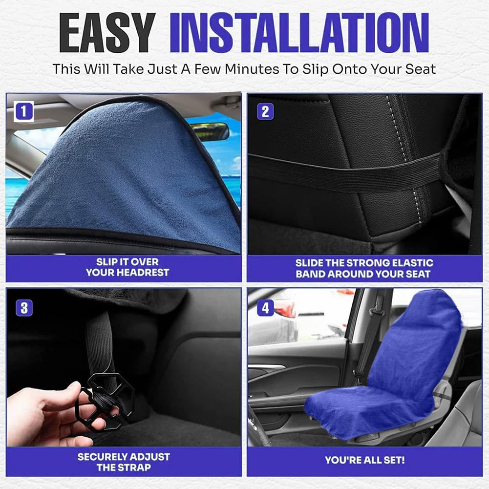 Waterproof Sweat Towel Car Seat Cover Sweat Carseat Protector,Perfect for Universal Anti-Slip Car SUV Seat, Great for Post Gym Workout, Running, Swimming, Beach and Hiking (Blue) - 2Pcs Black image number 6