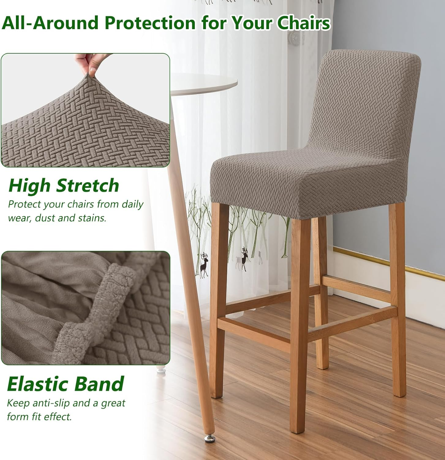 Gollense Bar Stool Covers Set of 4 Stretch Jacquard Barstool Slipcovers Washable Dining Chair Seat Covers with Back Removable Pub Counter Tall Chair Protectors for Kitchen Island Chairs (Khaki) - Beige image number 6