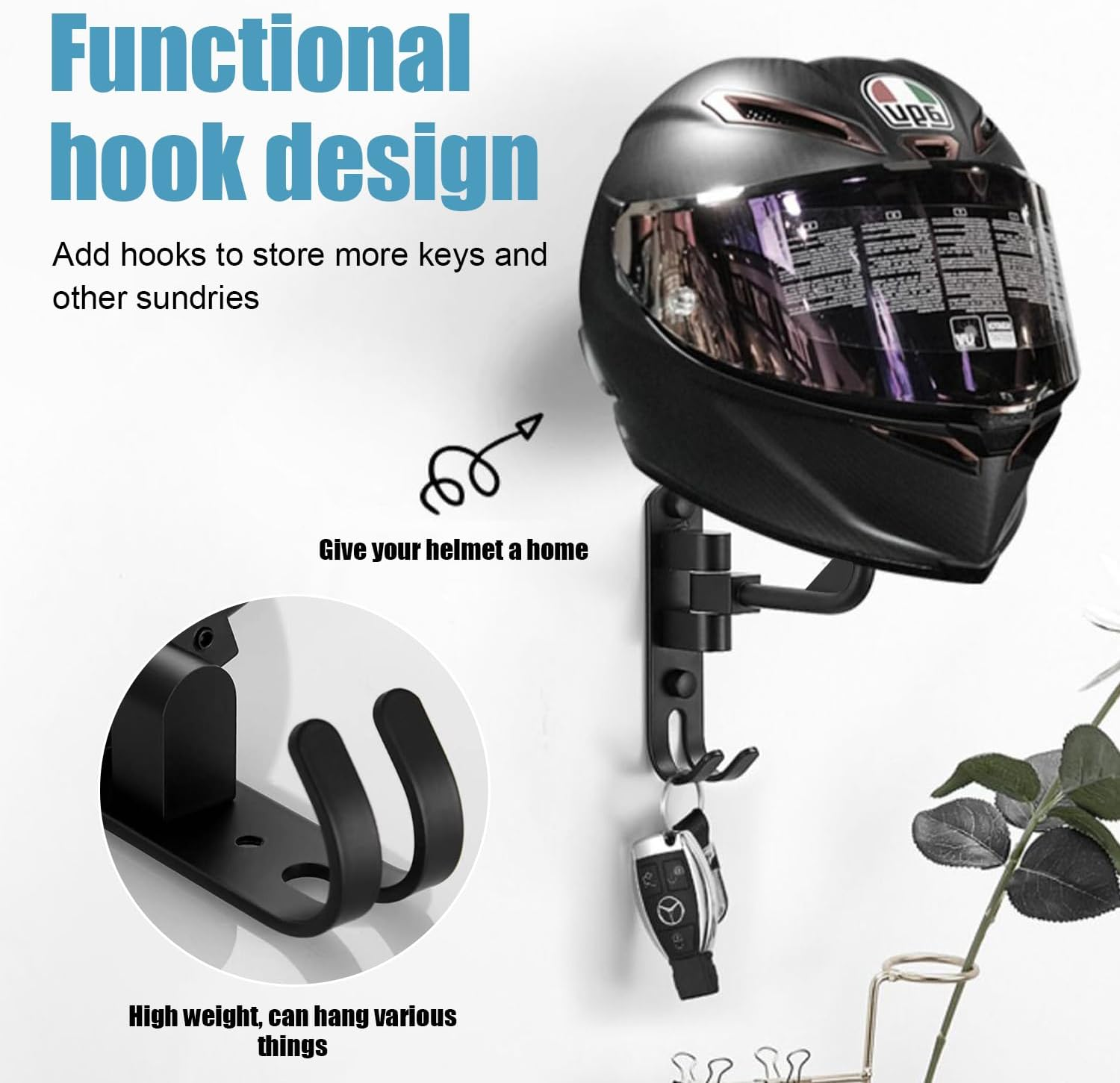 180&deg; Motorcycle Helmet Rack, Helmet Storage Hook, Rotatable, Metal Wall Mount. Helmet Holder Bike, Suitable for Motorcycle Bicycle Helmets, Hats, Baseball, Football Helmets image number 6