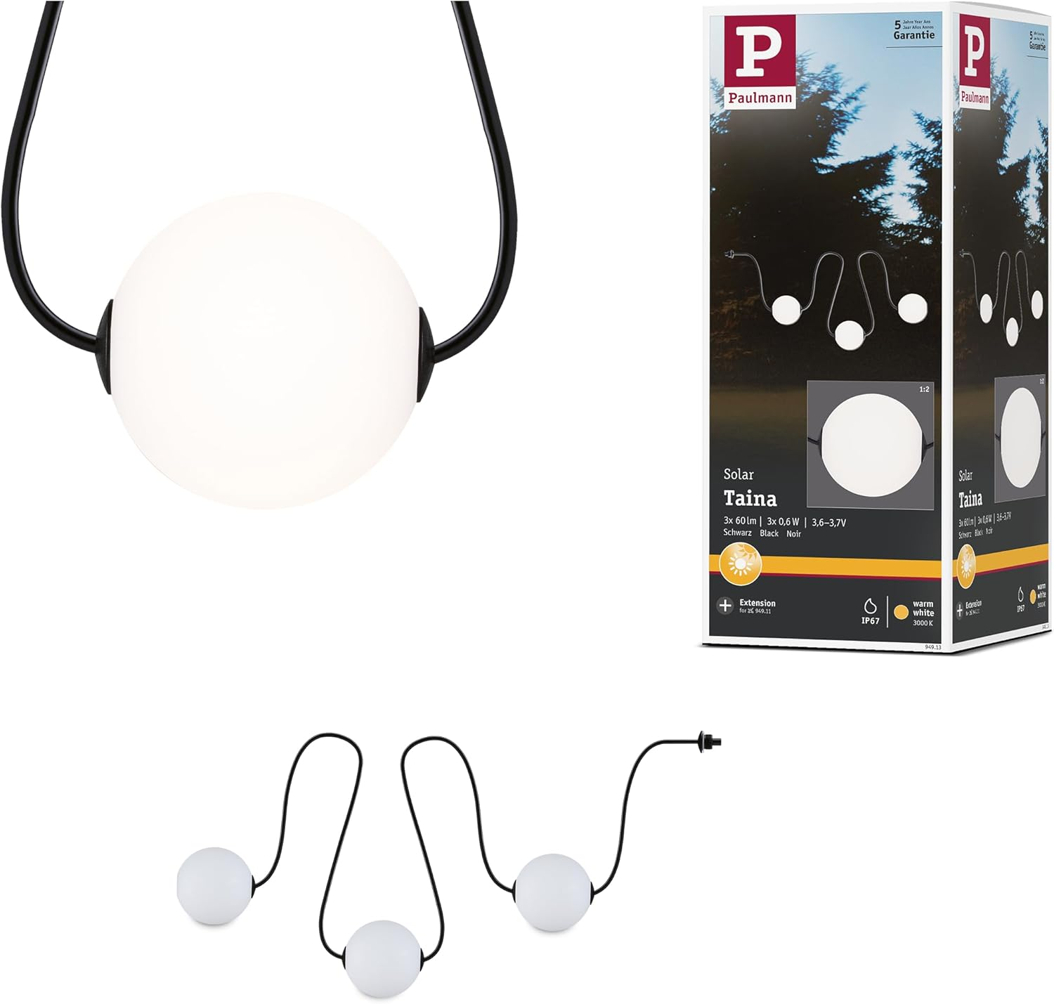 Paulmann Taina 94913 Solar LED Fairy Lights Extension Set IP67 3000K 1.71 M 3 X 60 Lm Black