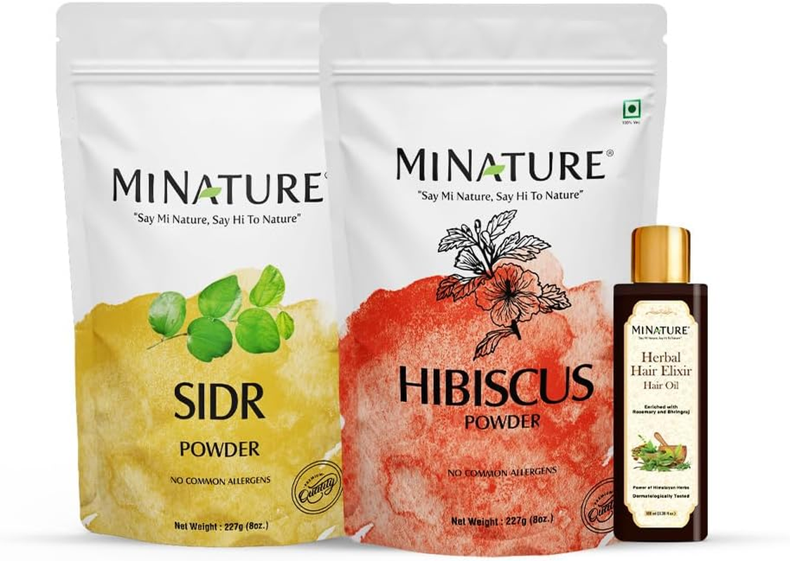 Frizzy Hair Combo by Mi Nature |Hibiscus (227G) Sidr (227G) Powder with Elixir Oil(100Ml) | for Natural Beautiful Hair | Hair Pack for Conditioning, Smooth, and Shinny, and All Types of Hair | image number 2