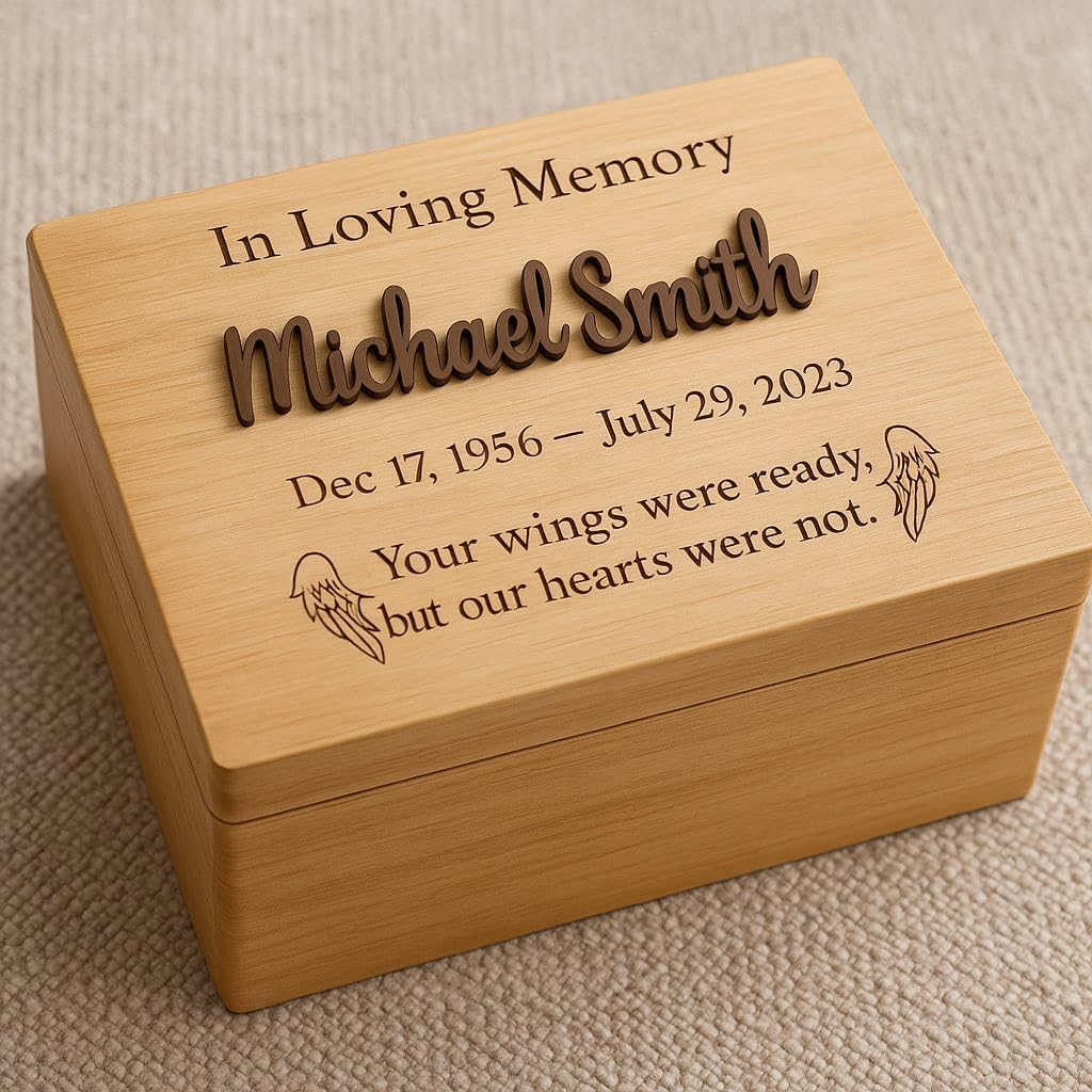 Custom Memorial Boxes Personalized Baby Memory Keepsake Box, Natural Pine Wood, Laser Engraved Design, Dual Compartment Storage for Mementos