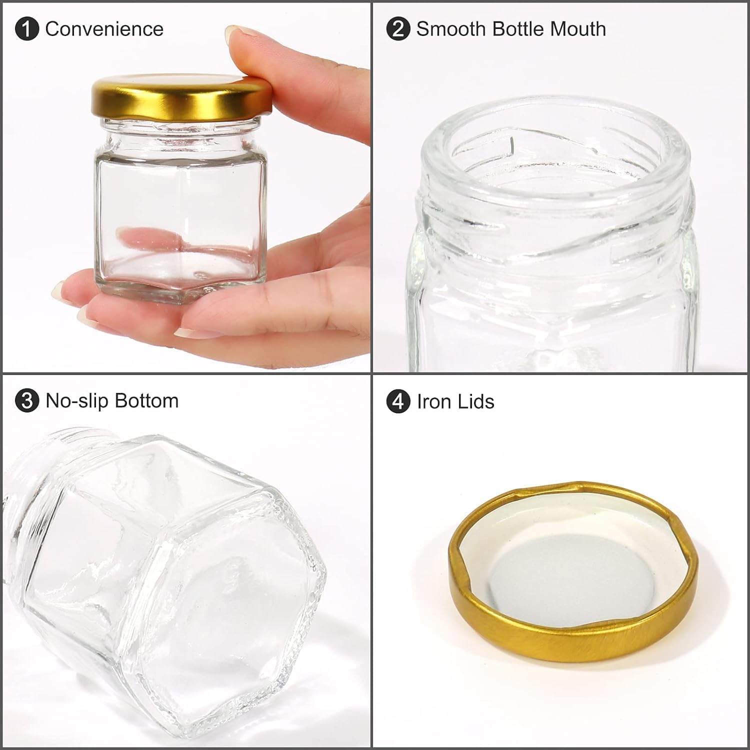 PARTY BESTBUY 10PCS Hexagon Glass Honey Jars, 1.5Oz/45Ml Mini Glass Jars with Lids, Mini Candy Jars with Gold Lids, Clear Storage Canning Jar for Candle Making,Spices,Baby Shower,Wedding,Party Favors image number 3