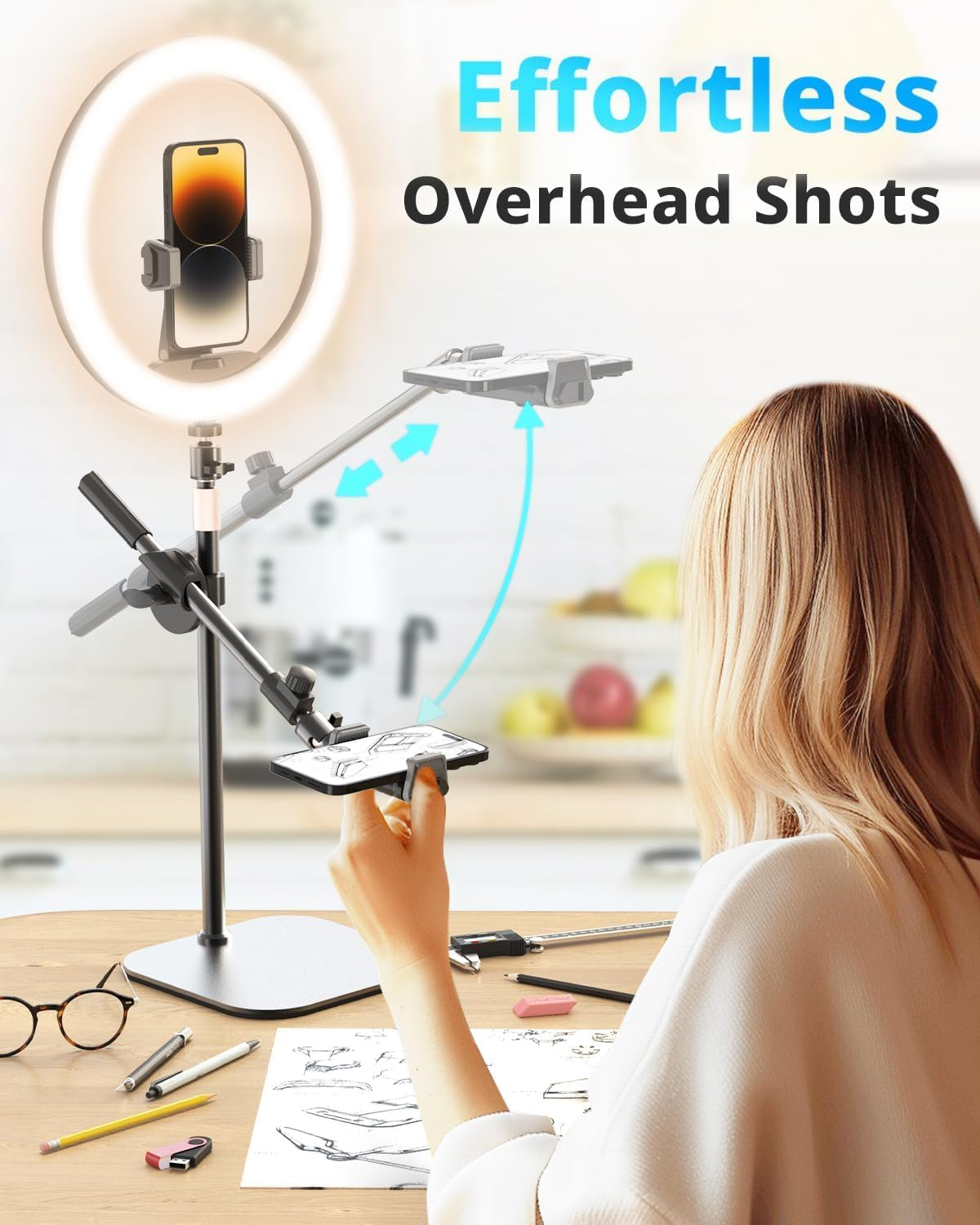 Sensyne 12" Desk Ring Light with Stand and Phone Holder, Overhead Phone Mount for Video Recording, Zoom Meeting, Live Streaming, Tiktok, Youtube，Compatible with Iphone, Android, Cameras image number 2
