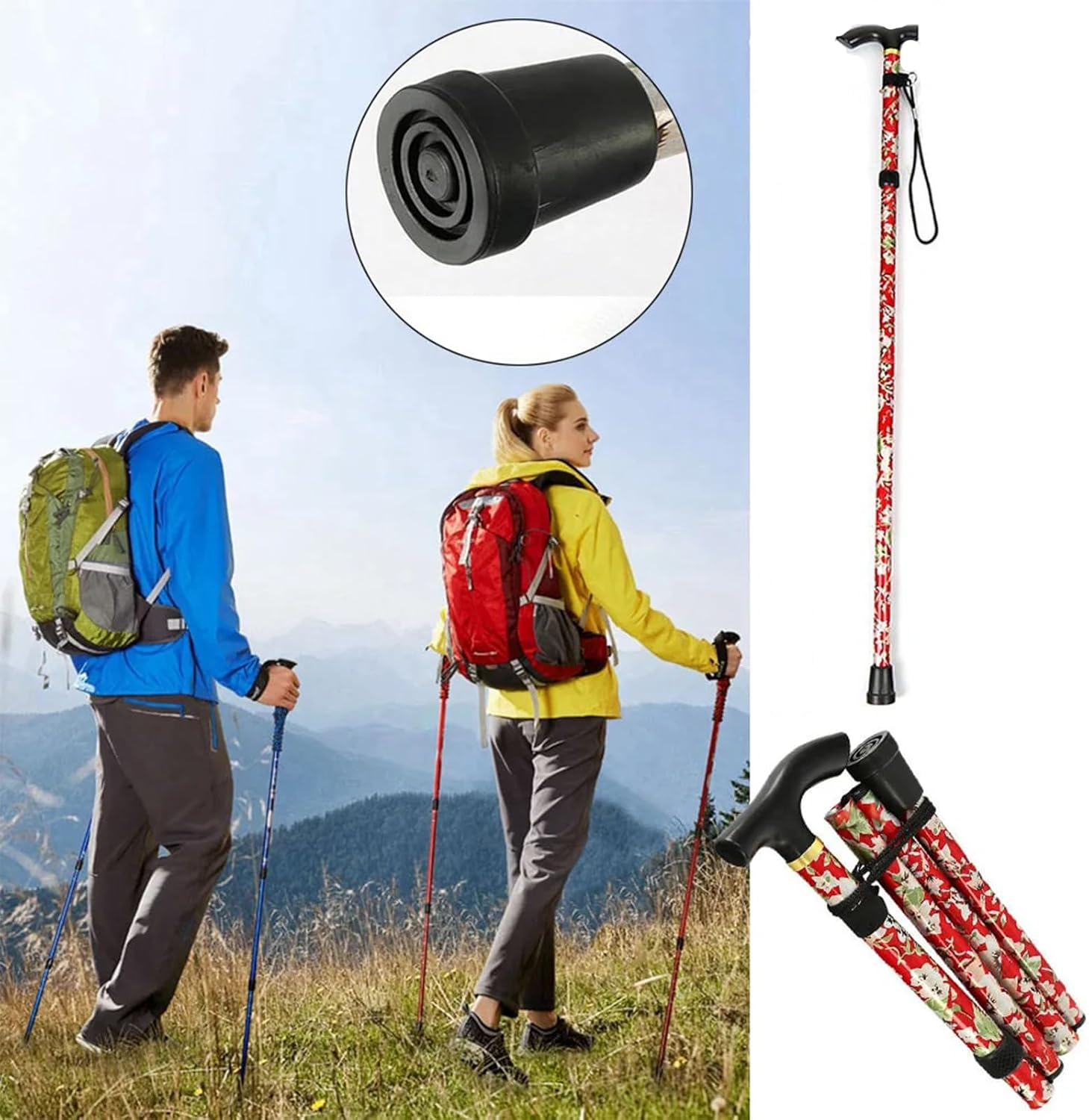Folding Cane, Portable Cane, Hiking Camping Mountaineering Adjustable Walking Stick, Suitable for Outdoor Mountaineering Enthusiasts and Elderly People with Limited Mobility (Red) image number 5